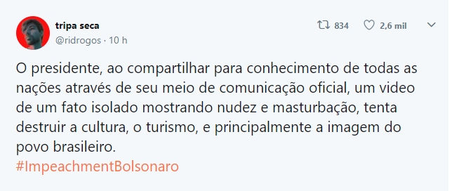 Internautas pedem impeachment de Bolsonaro após publicação de vídeo com conteúdo sexual