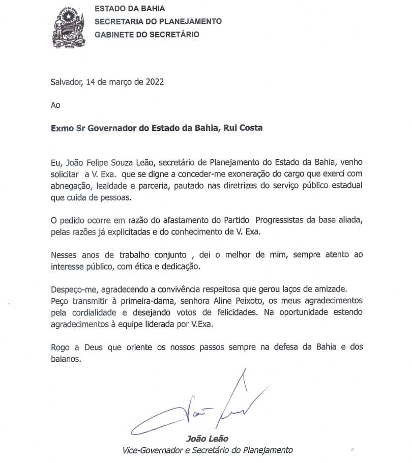 Por carta, João Leão oficializa rompimento com Rui Costa e pede exoneração da Seplan
