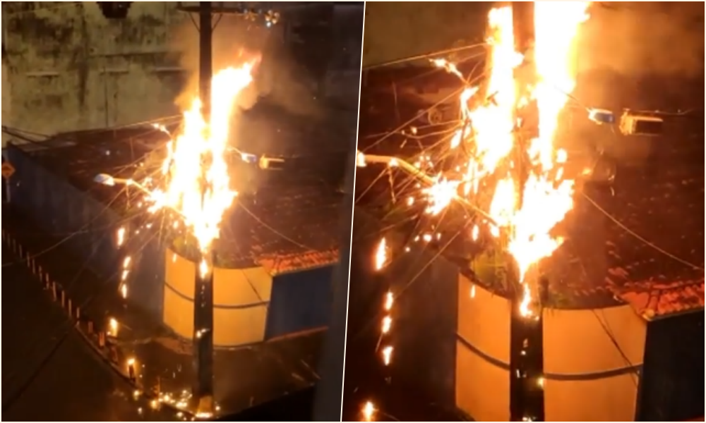Poste pega fogo no bairro do Ficam e afeta fornecimento de energia na região