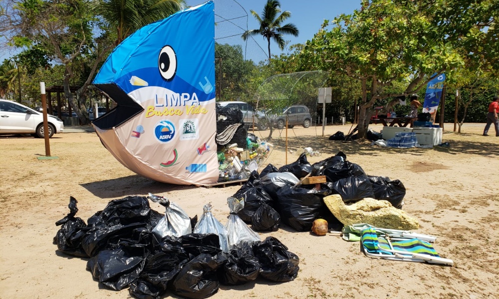 Mutirão de limpeza retira cerca de 900 quilos de lixo e óleo da praia de Busca Vida