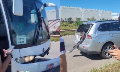 Ônibus universitário colide com carro de passeio na Via Parafuso