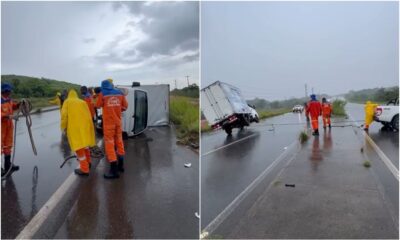 Caminhão-baú desliza na pista e tomba na Estrada da Cetrel; veja vídeo